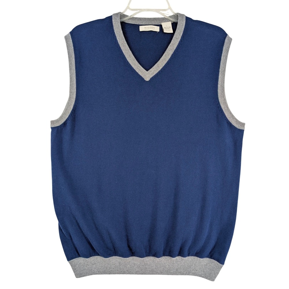 Madison Blue & Gray V Neck Knit Sweater Vest‎ Size Large 100% Cotton
